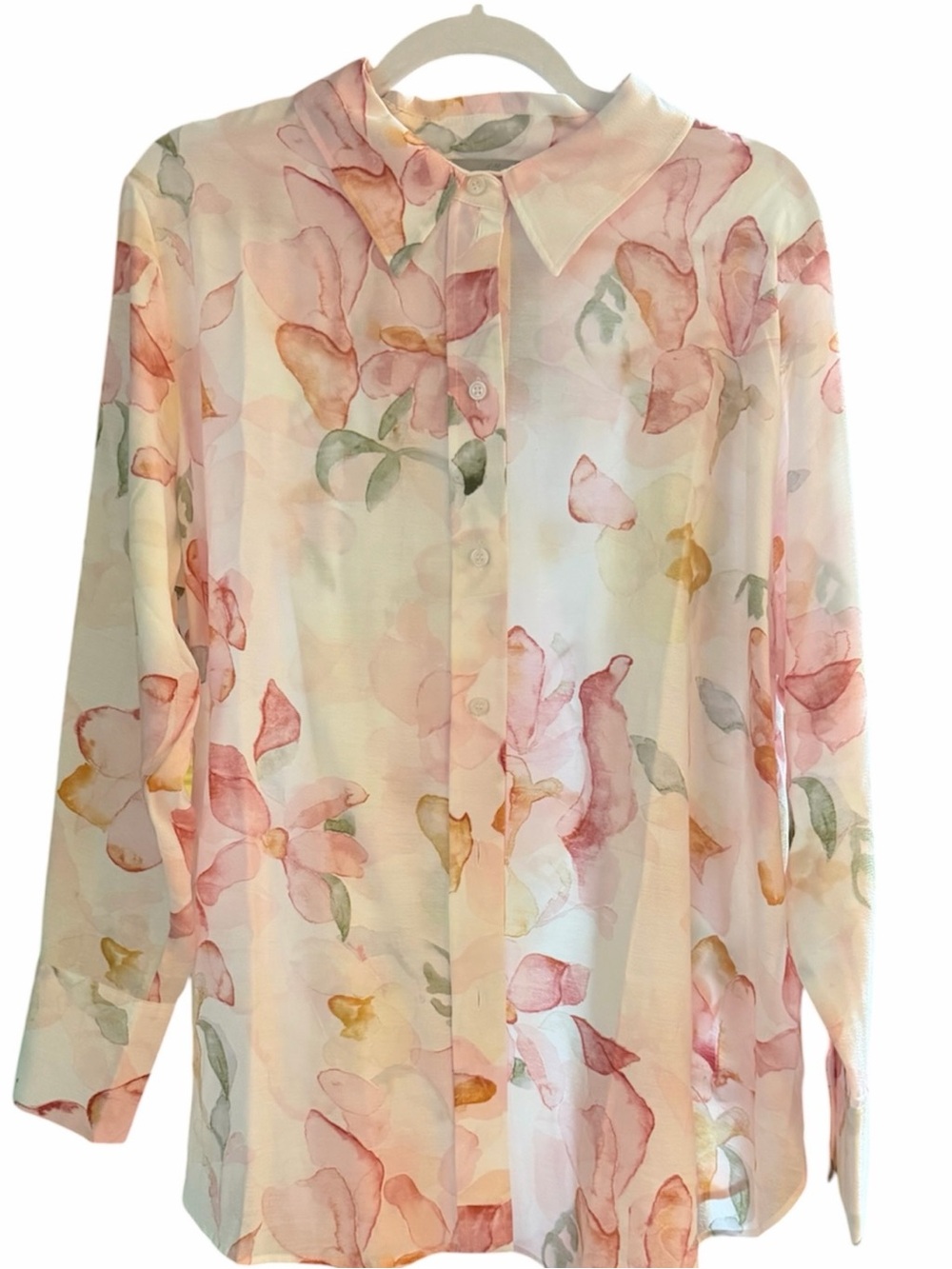 NWT H&M White Semi-Sheer Floral Button Front Blouse. Size XL